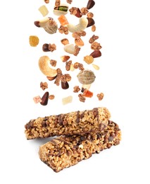 Tasty protein bars and granola with nuts and dried fruits falling on white background