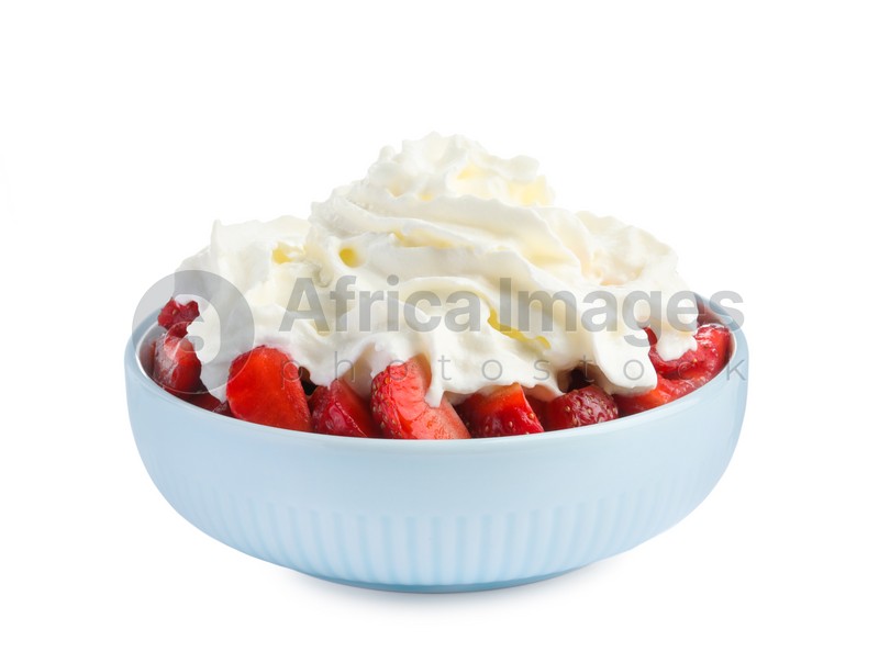 Tasty sliced strawberry with whipped cream in bowl isolated on white