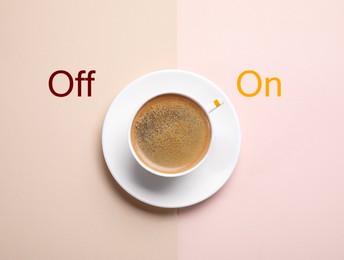 Image of Coffee break. Cup of aromatic hot drink on color background, top view