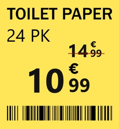 Yellow toilet paper shelf label with sale price and barcode, illustration