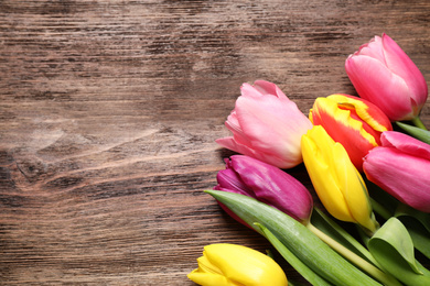 Photo of Beautiful spring tulips on wooden table, flat lay. Space for text