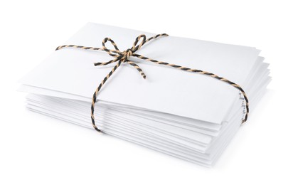 Stack of letters wrapped with rope on white background