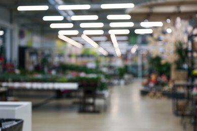 Photo of Blurred view of gardening department in mall. Bokeh effect