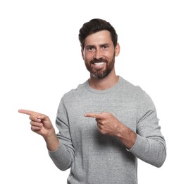 Portrait of happy bearded man on white background