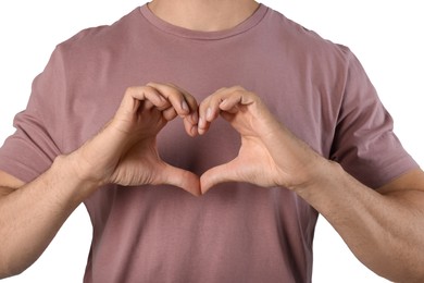 Photo of Man making heart with hands on white background, closeup