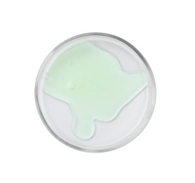 Photo of Petri dish with liquid isolated on white, top view