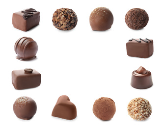 Set with different chocolate candies on white background, space for text