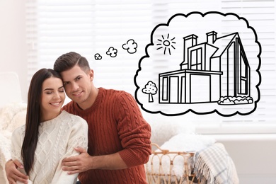 Lovely couple dreaming about new house. Illustration in thought bubble