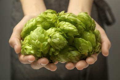 Photo of Woman holding pile of fresh ripe hops on grey background, closeup