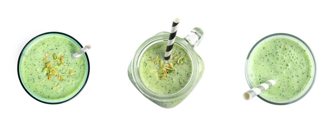 Image of Set with green buckwheat smoothies on white background, top view. Banner design