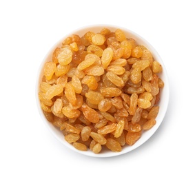 Bowl with raisins on white background, top view. Dried fruit as healthy snack