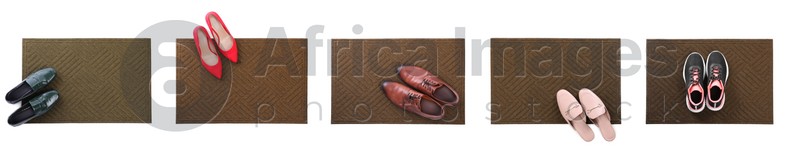Set with door mats and different shoes on white background, top view. Banner design