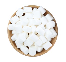 Delicious puffy marshmallows in wooden bowl on white background, top view