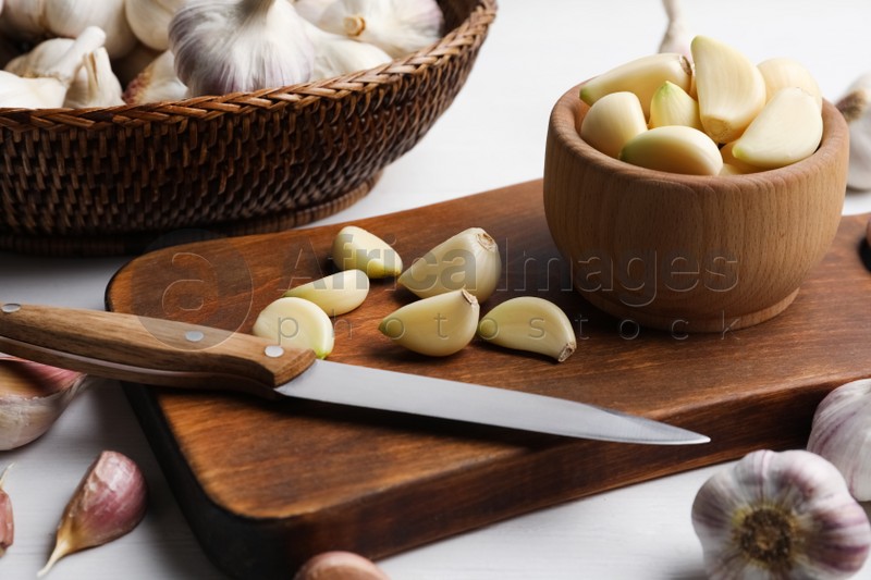 Fresh ripe garlic on white table. Organic product