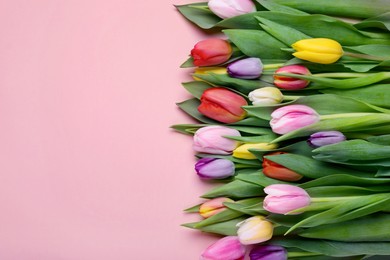 Photo of Beautiful tulips on pale pink background, flat lay. Space for text