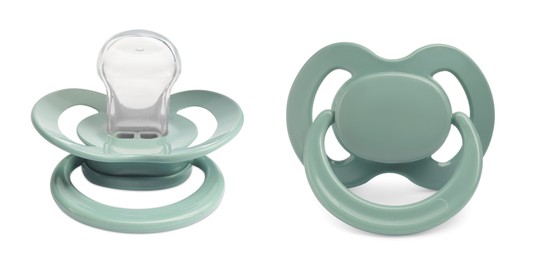 Image of Pale green baby pacifier on white background, views from different sides