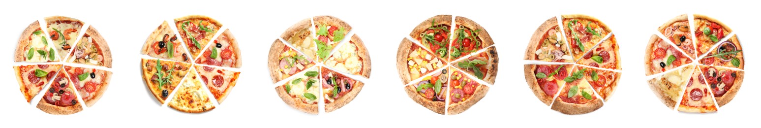 Set with slices of different tasty pizzas on white background, top view. Banner design