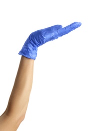 Woman in blue latex gloves on white background, closeup of hand