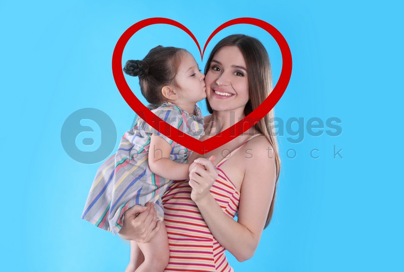 Illustration of red heart and happy mother with little daughter on turquoise background