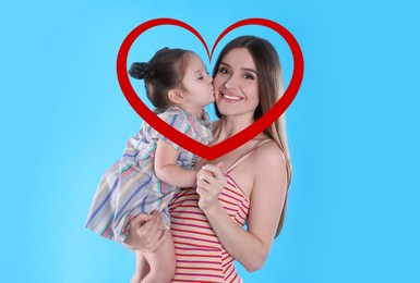 Illustration of red heart and happy mother with little daughter on turquoise background