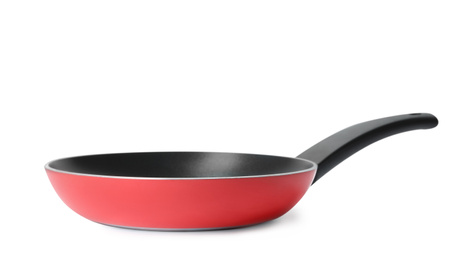 Modern red frying pan isolated on white