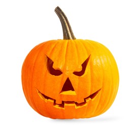 Scary jack o'lantern pumpkin isolated on white. Halloween decor