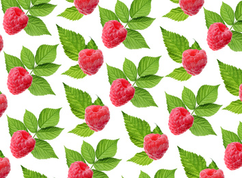 Pattern of fresh ripe raspberries and green leaves on white background