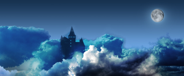 Fairy tale world. Mysterious castle surrounded by clouds under sky with full moon, banner design