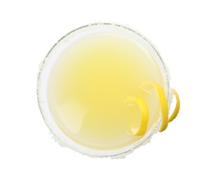 Glass of delicious bee's knees cocktail with sugar rim and lemon twist isolated on white, top view