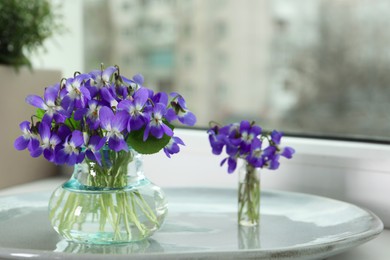 Beautiful wood violets on window sill indoors, space for text. Spring flowers