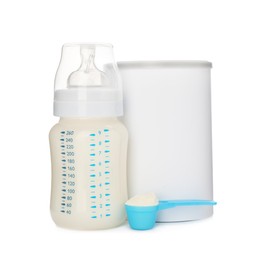 Blank can of powdered infant formula with feeding bottle and scoop on white background. Baby milk