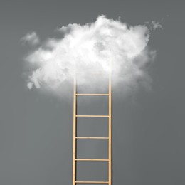 Wooden ladder leading to white cloud on light grey background. Concept of growth and development