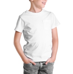 Little boy in t-shirt on white background. Mock-up for design