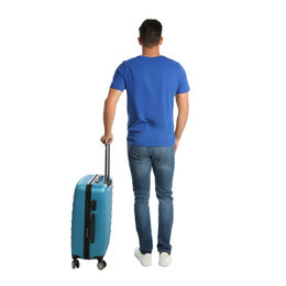 Handsome man with suitcase for summer trip on white background, back view. Vacation travel