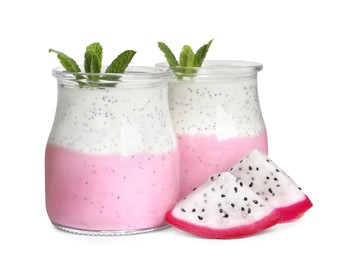 Delicious pitahaya smoothie with mint and fresh fruit on white background