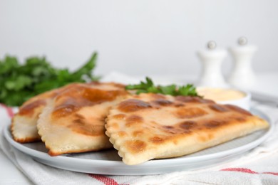 Plate with delicious fried chebureki on table