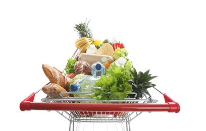 Shopping cart with groceries on white background, above view