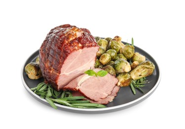 Photo of Delicious ham with brussels sprouts and rosemary isolated on white