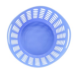 Photo of Blue empty laundry basket isolated on white, top view