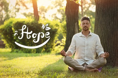 Concept of hope. Man meditating in park on sunny summer day