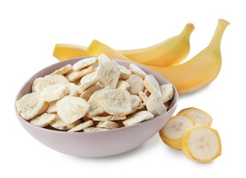Sweet sublimated and fresh bananas on white background