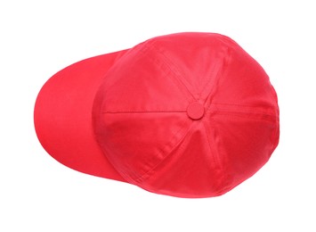 Stylish red baseball cap isolated on white, top view