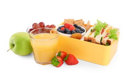 Photo of Lunch box of tasty healthy food and glass with juice isolated on white. School dinner