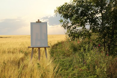 Wooden easel with blank canvas in field. Space for text
