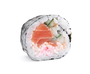Tasty sushi roll with salmon isolated on white