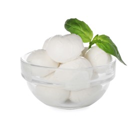Bowl with mozzarella cheese balls and basil on white background