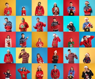 Collage with photos of adults and children in different Christmas sweaters on color backgrounds