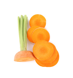 Slices of fresh ripe carrot isolated on white, top view