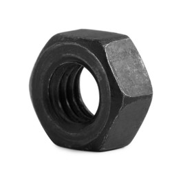 One black metal hex nut on white background
