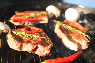 Cooking meat, chilli peppers and mushrooms on barbecue grill outdoors, closeup